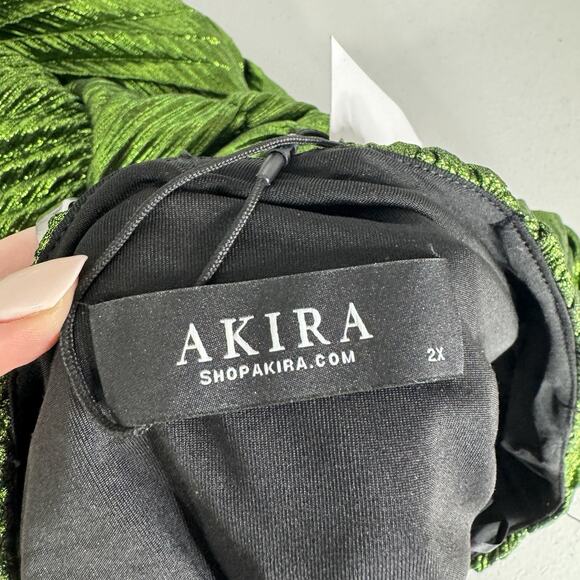 Akira Stay Radiant Metallic Maxi Womens 2X Green One Shoulder Pleated Gown Prom - Picture 8 of 14